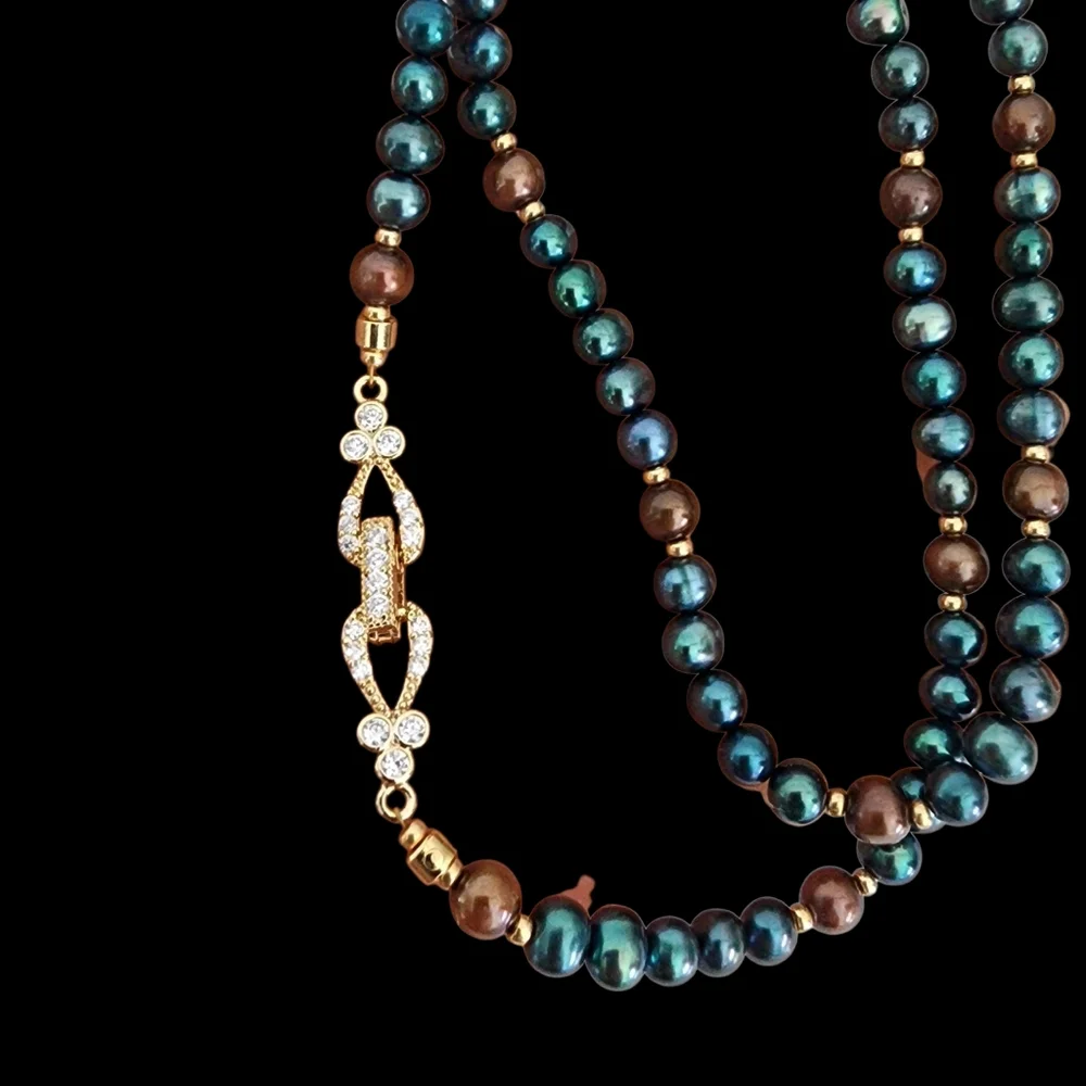 Vintage pearl necklace gold filigree clasp blue brown baby pearls A0215 -Q5 -Q2
